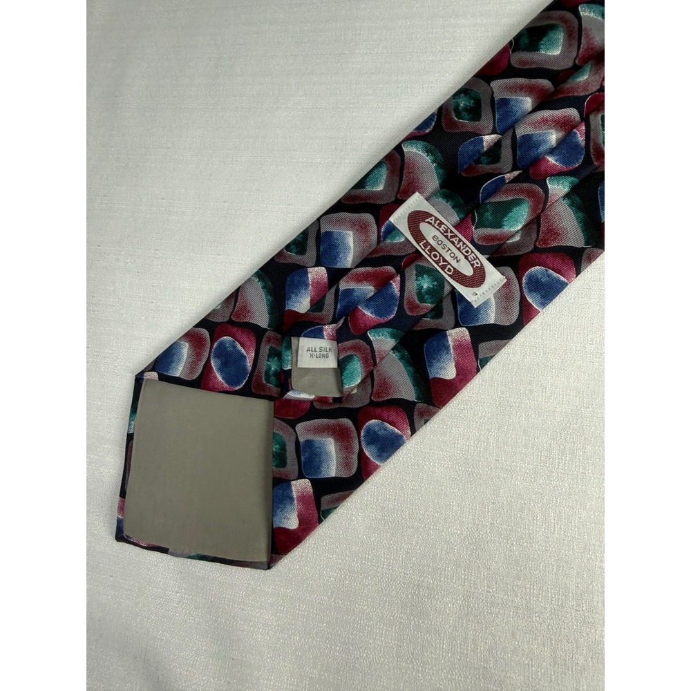 Alexander Lloyd Boston Mens Silk Tie Extra Long Geometric Abstract Blue Burgundy